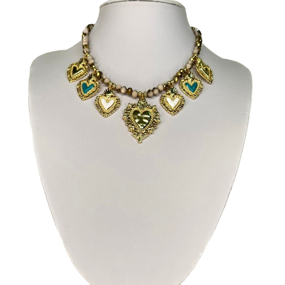 Iridescent necklace with seven hearts, model 2