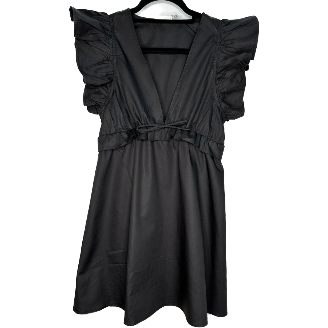 Vestido mini de popelina con mangas y volantes negro