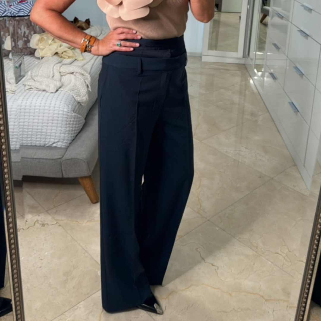 Navy blue double waistband trousers