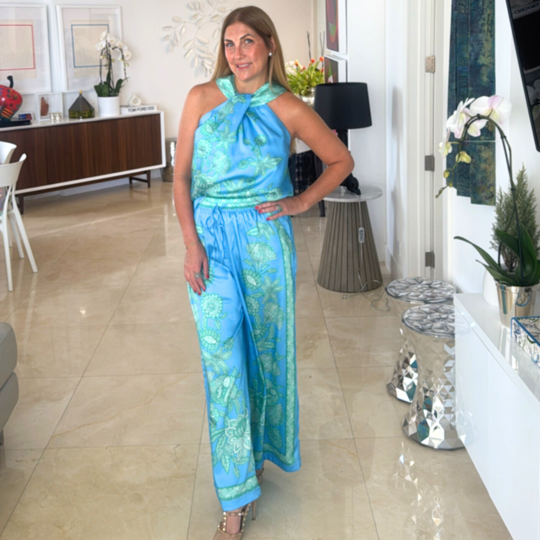 Set de pantalón y camisa de seda azul