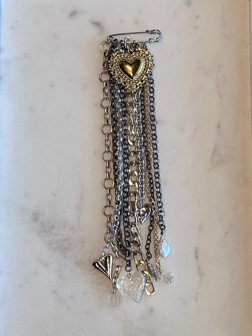 Golden Heart Industrial Chain Brooch