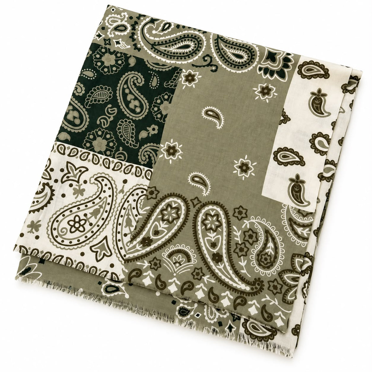 A folded patterned scarf with a mixed paisley and floral print in olive green, cream, and dark forest green, featuring fringed edges, shown on a plain white background.