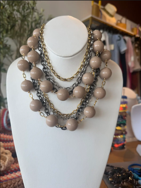 Layered Taupe Bead &Chain Necklace