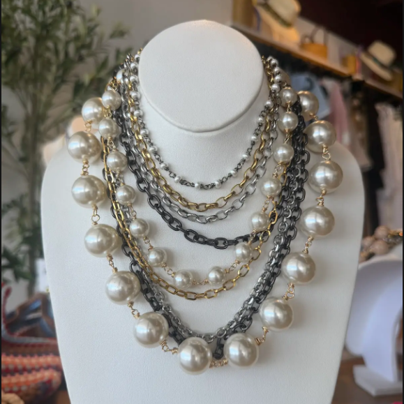 Layered Pearl & Chain Statement Necklace