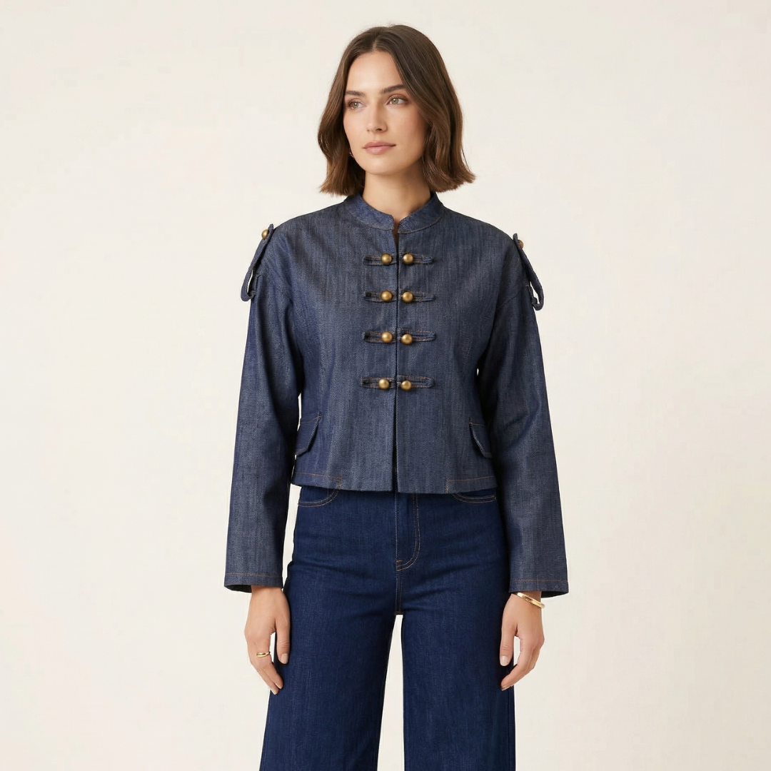 Military-Style Denim Cropped Jacket