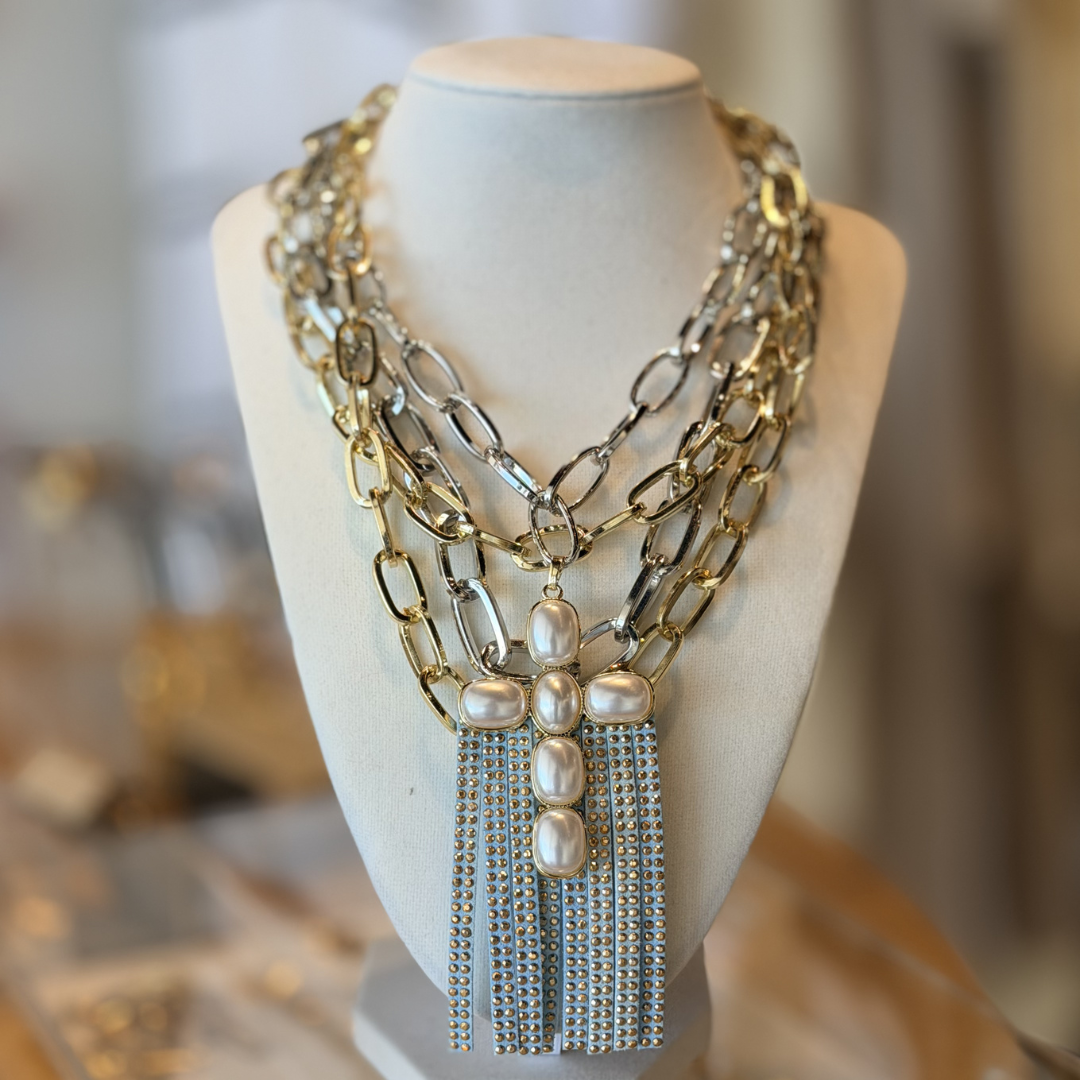 Multi-Chain Pearl Cross Tassel Necklace