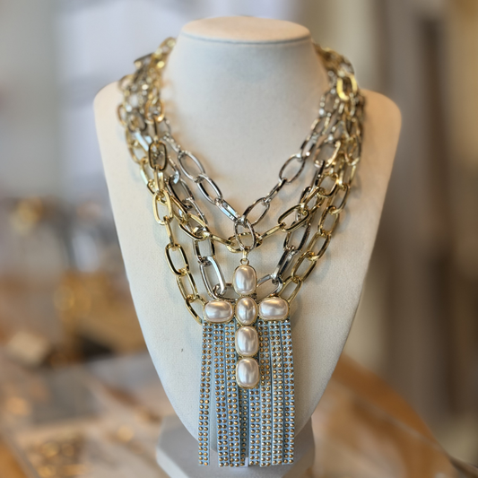 Multi-Chain Pearl Cross Tassel Necklace