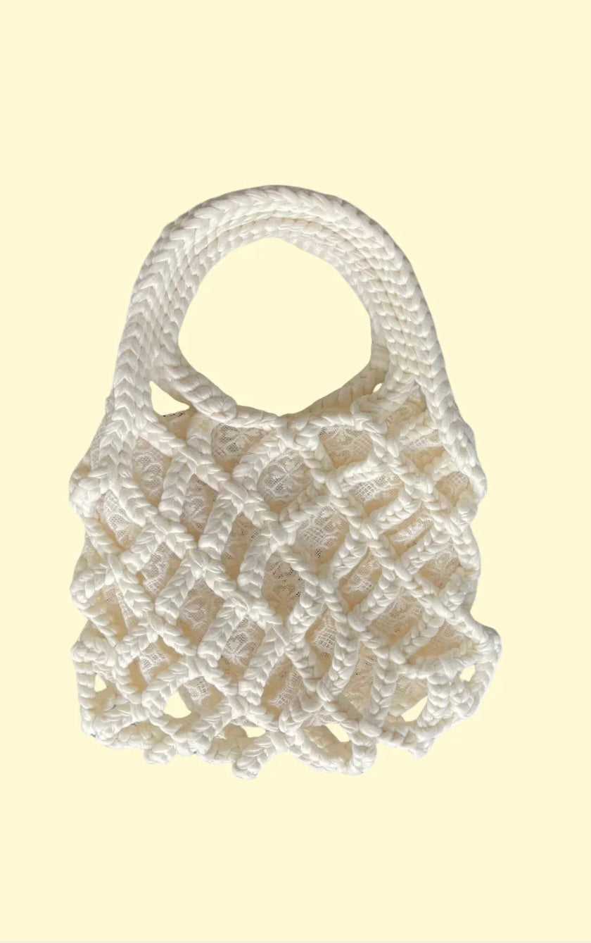 Handcrafted open weave crochet basket bag with lace interior lining and top handle PS Showroom