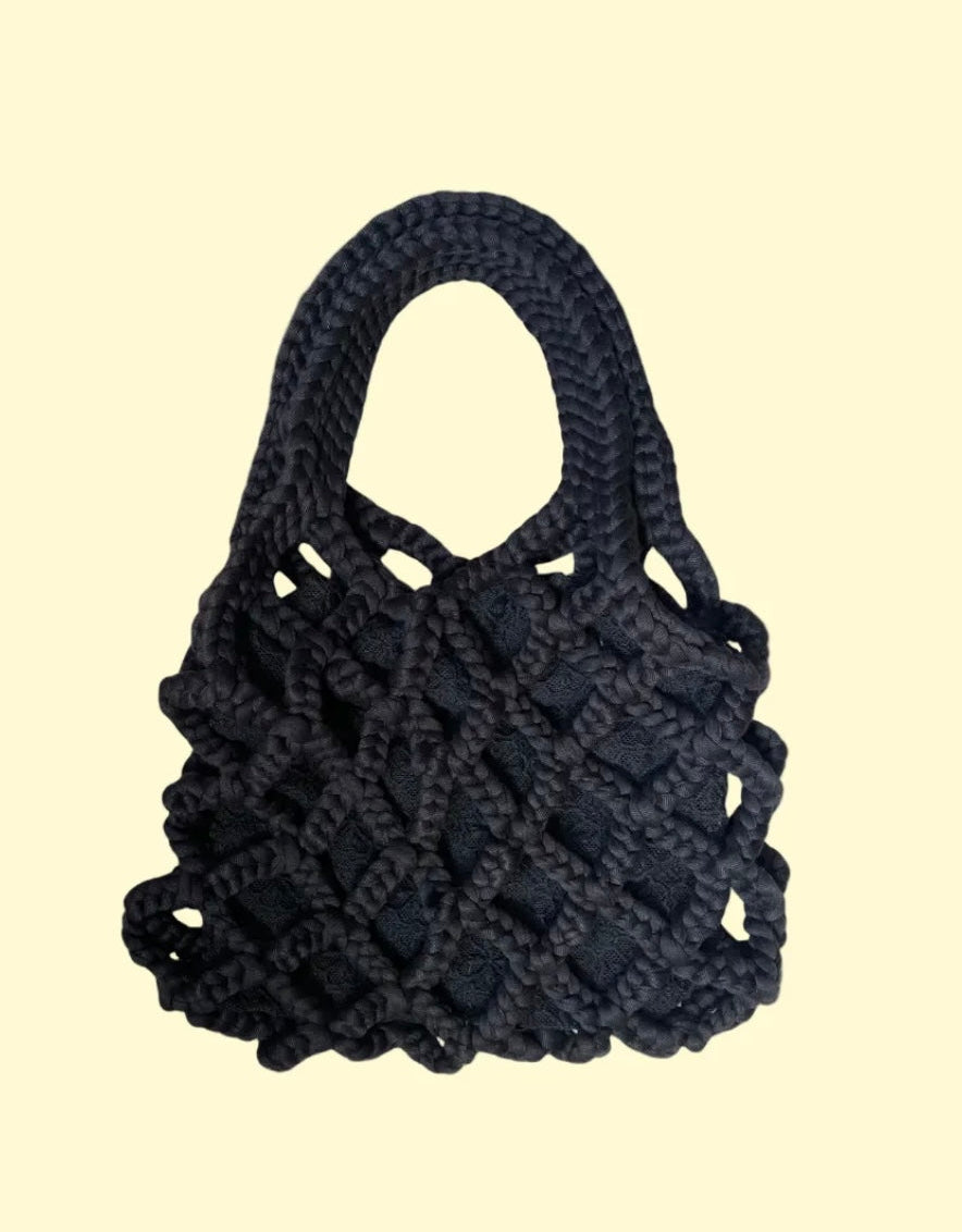 Handcrafted open weave crochet basket bag with lace interior lining and top handle PS Showroom