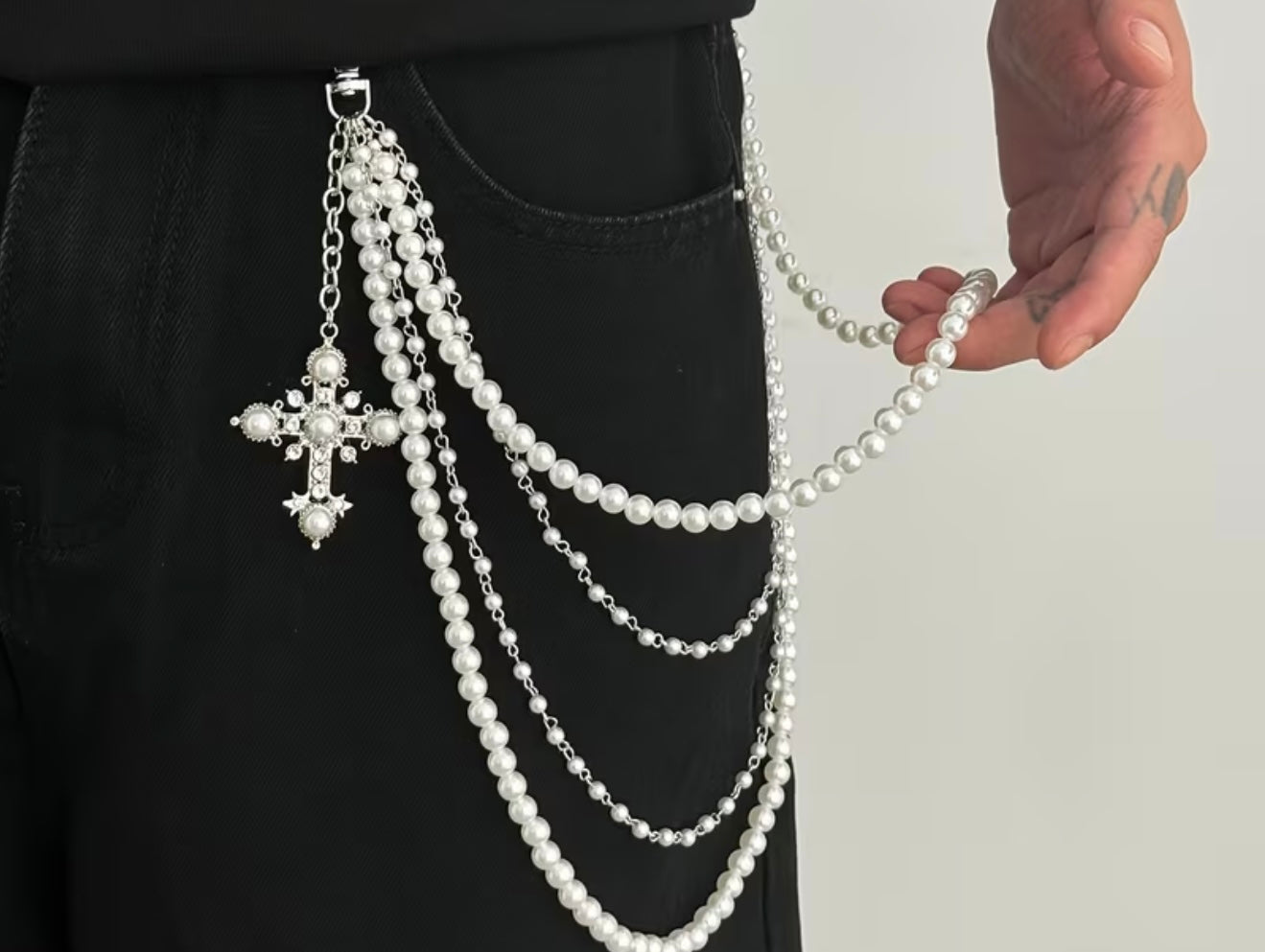 Divine pearl and metal layered pant chain with cross pendant attached to pants PS Showroom