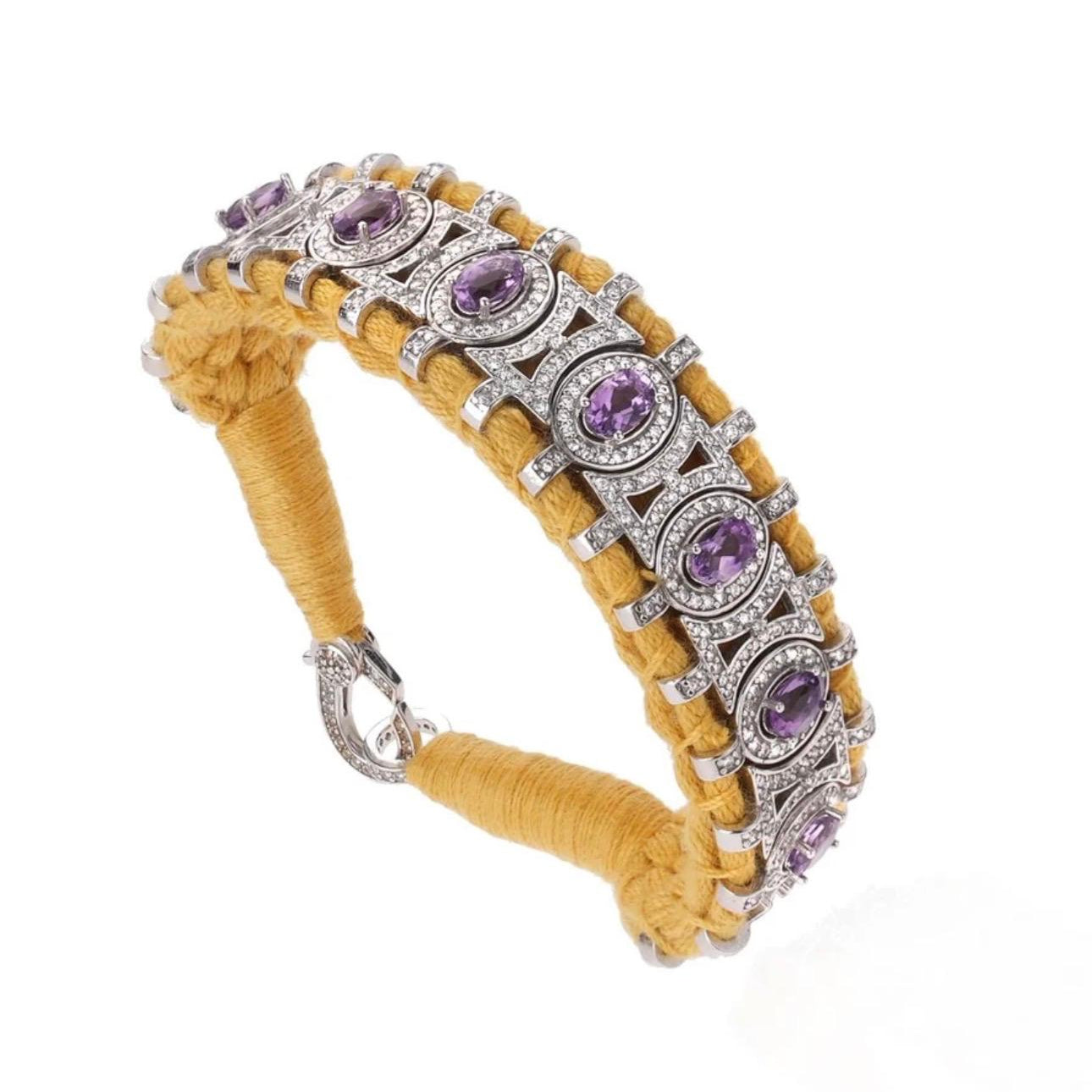 Italian 925 sterling silver woven bracelet with oval gemstones and diamond accents PS Showroom