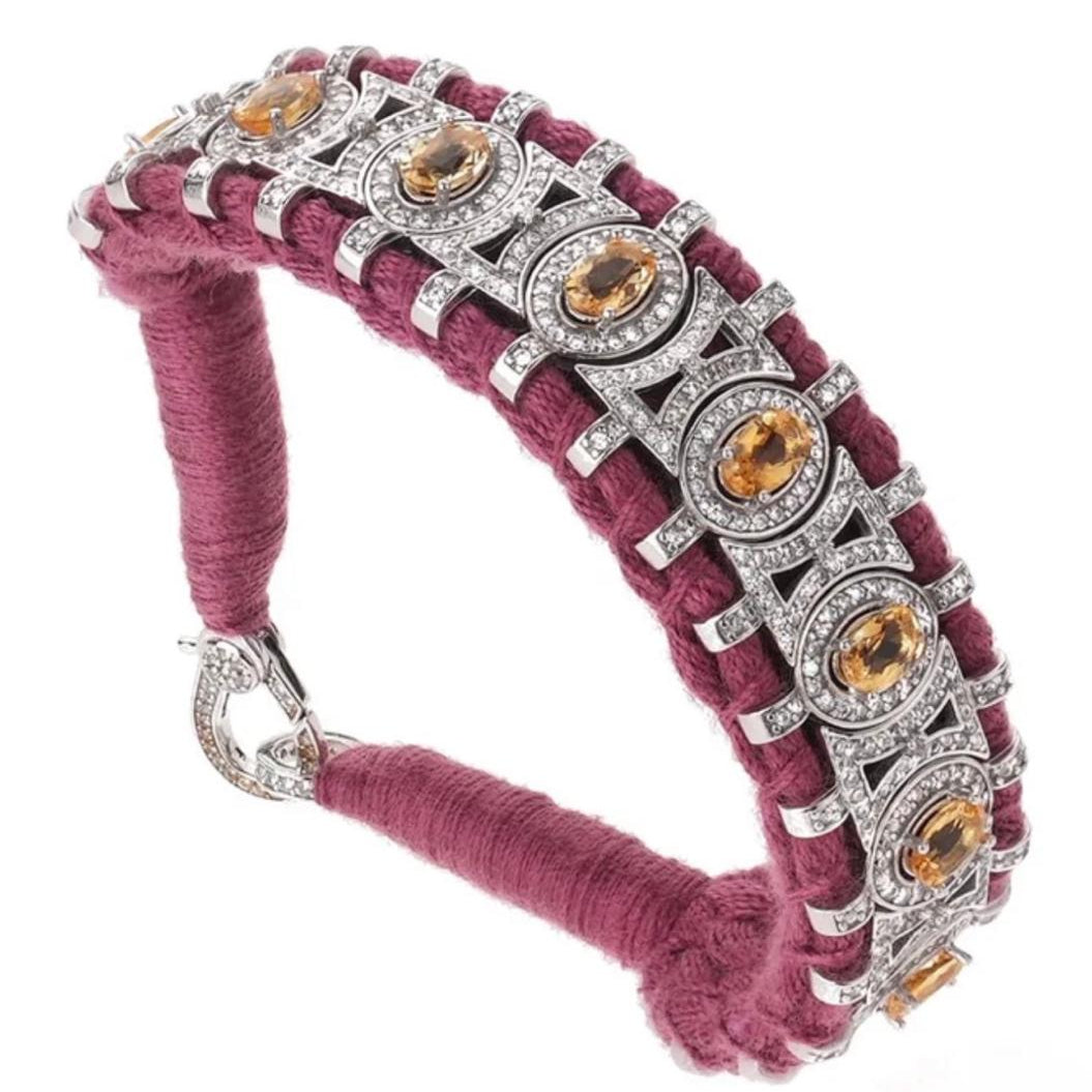 Italian 925 sterling silver woven bracelet with oval gemstones and diamond accents PS Showroom