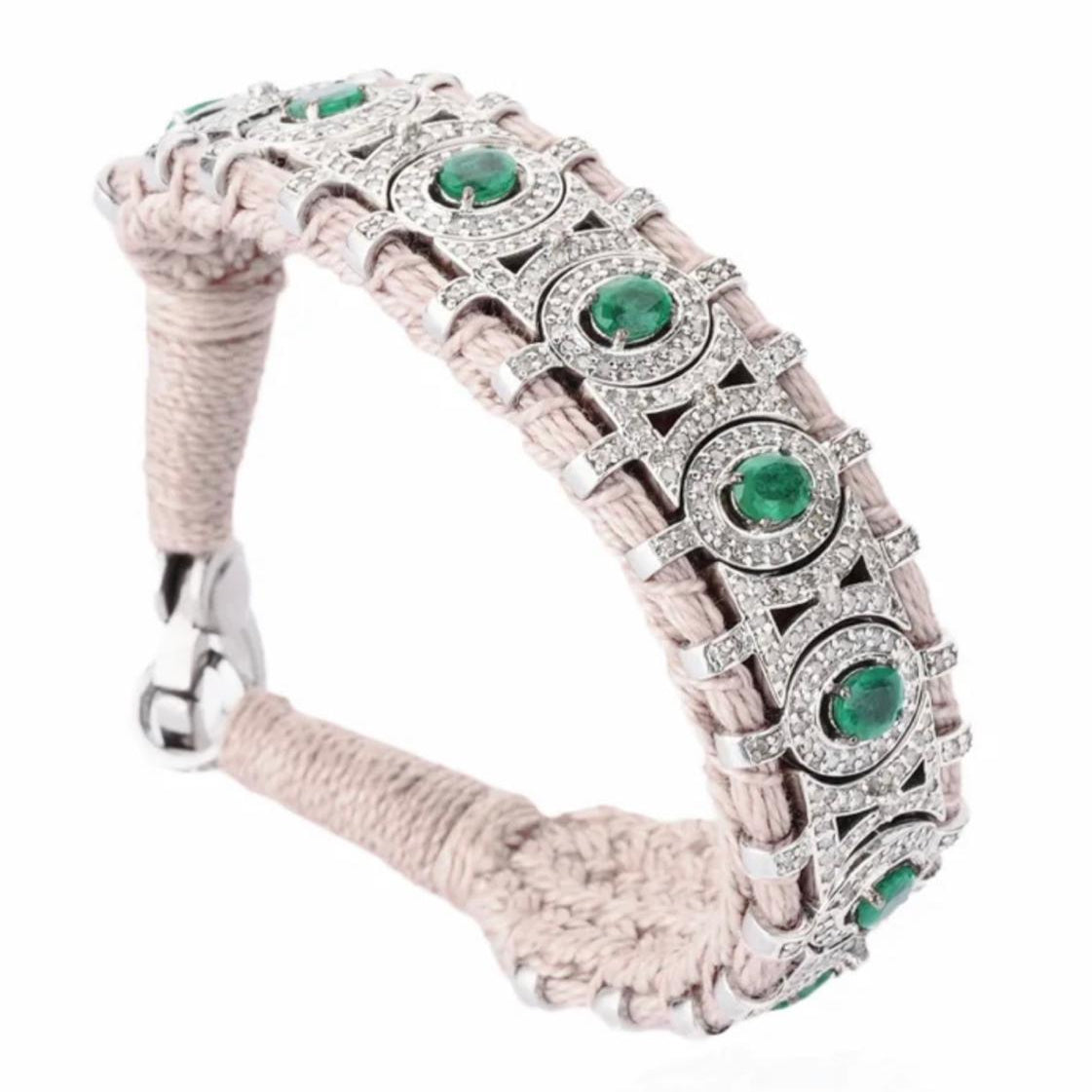 Italian 925 sterling silver woven bracelet with oval gemstones and diamond accents PS Showroom