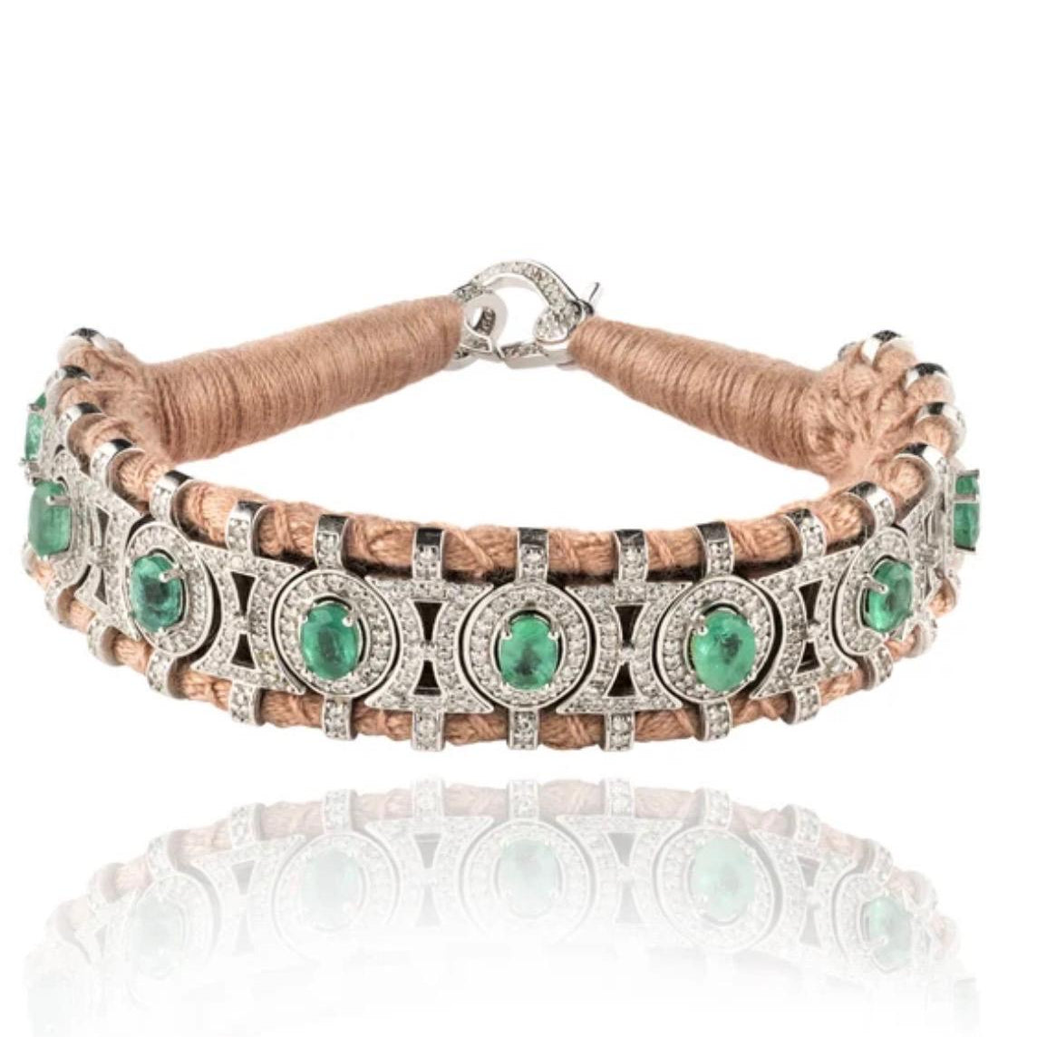 Italian 925 sterling silver woven bracelet with oval gemstones and diamond accents PS Showroom