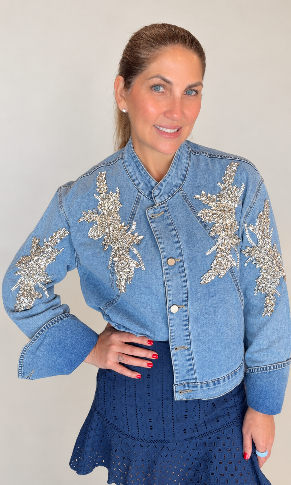 Silver Bloom Embellished Denim Jacket