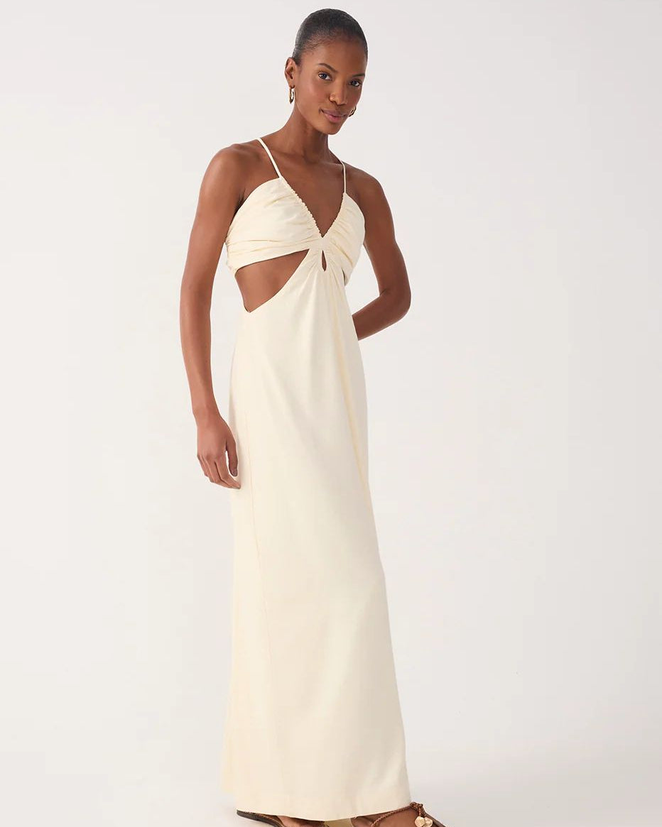 Beige Frayed Bust V Neck Maxi Dress