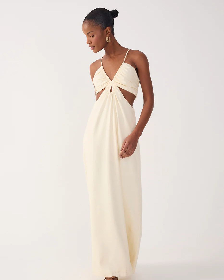 Beige Frayed Bust V Neck Maxi Dress