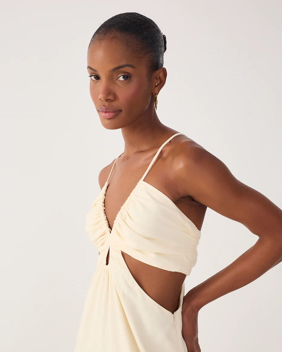 Beige Frayed Bust V Neck Maxi Dress