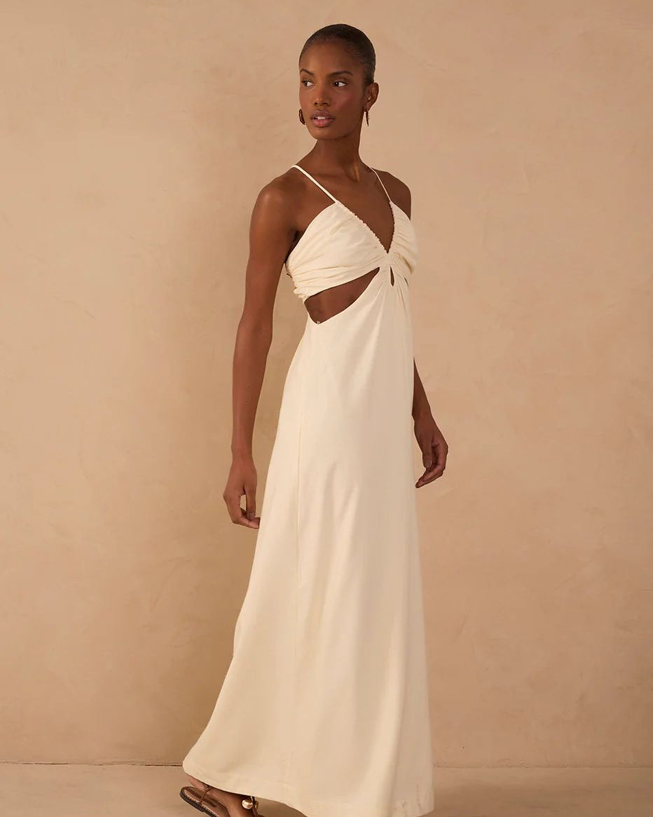 Beige Frayed Bust V Neck Maxi Dress
