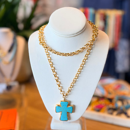 Collar largo de cruz azul engastado
