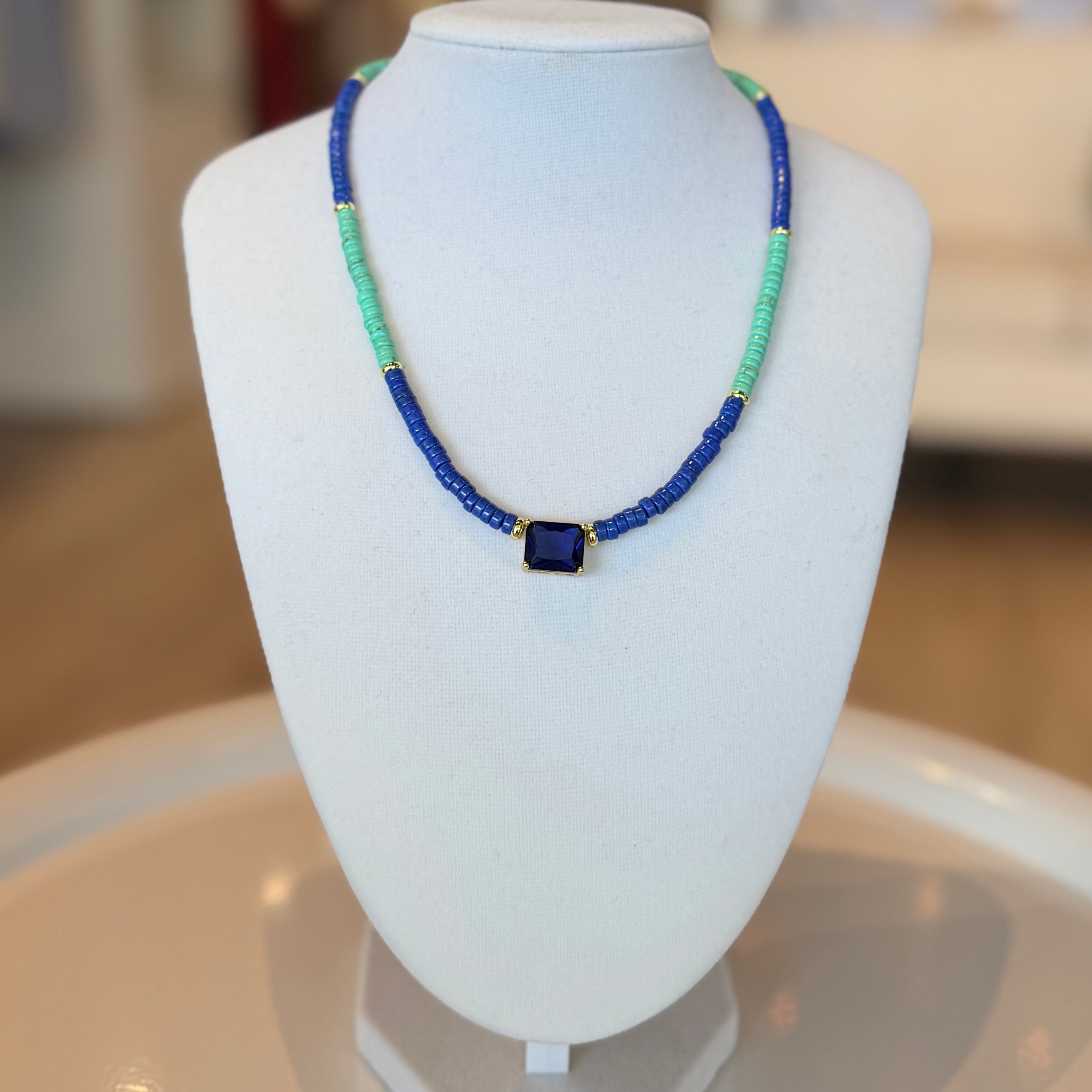 2-tone Bead Necklace with Geometric Pendant