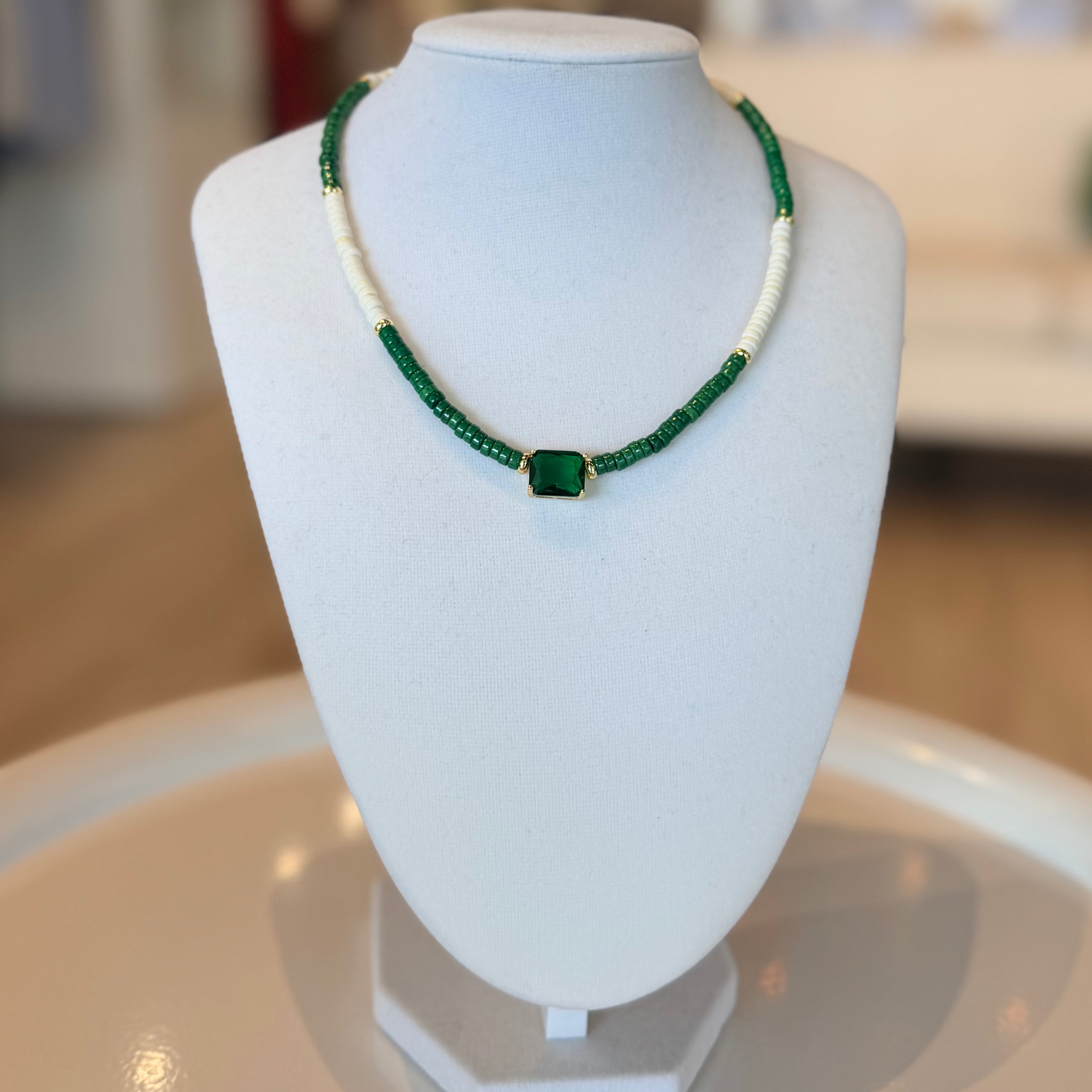 2-tone Bead Necklace with Geometric Pendant