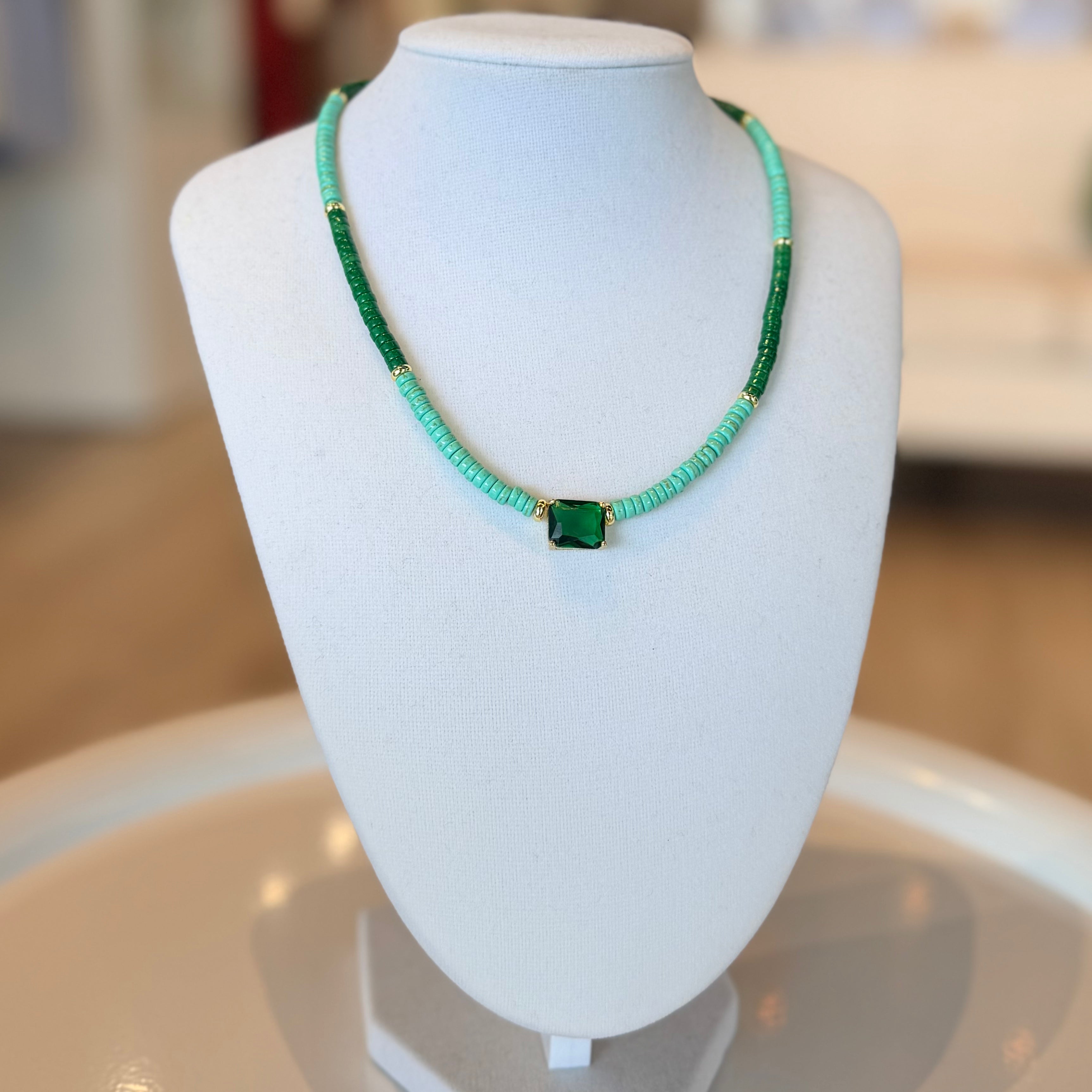 2-tone Bead Necklace with Geometric Pendant