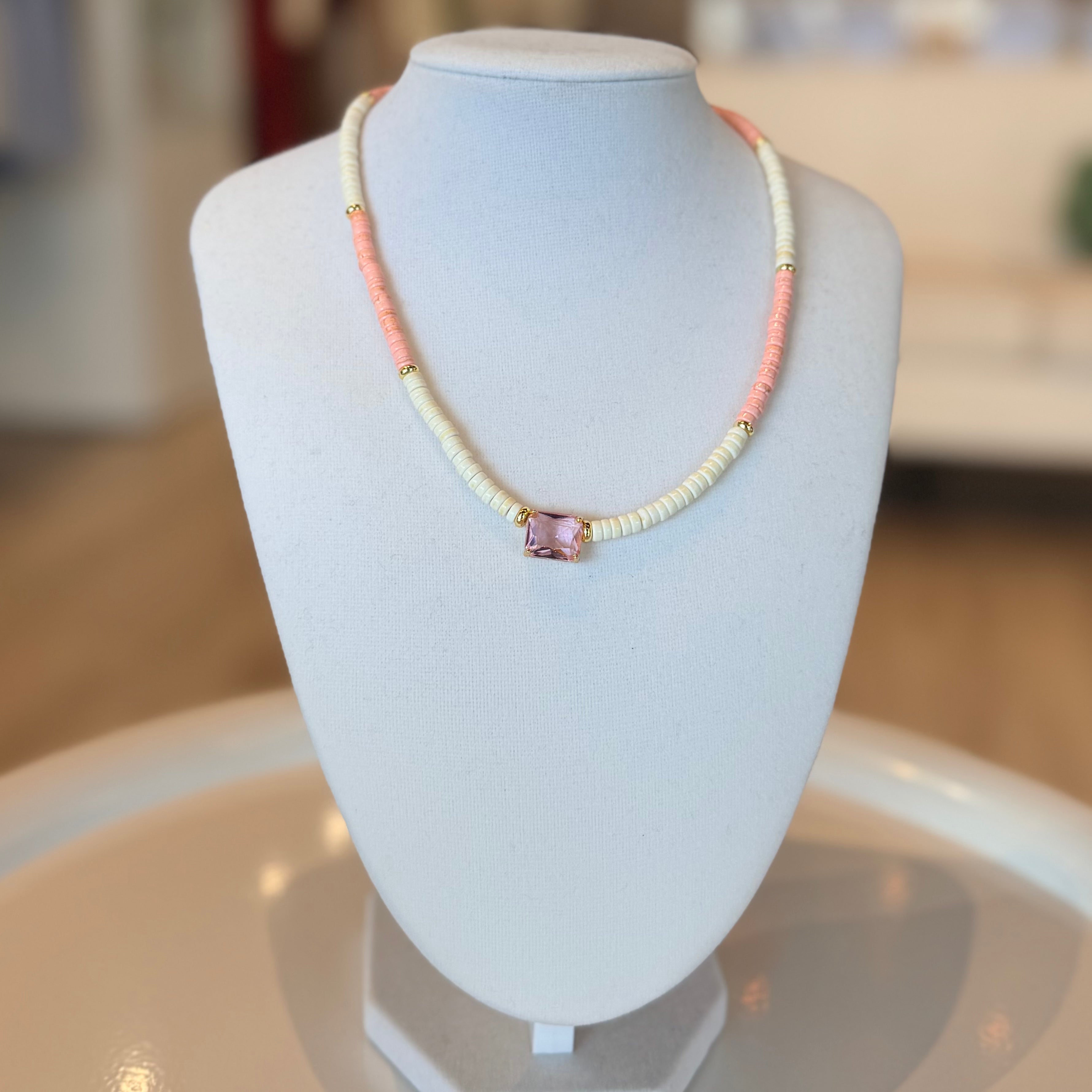 2-tone Bead Necklace with Geometric Pendant