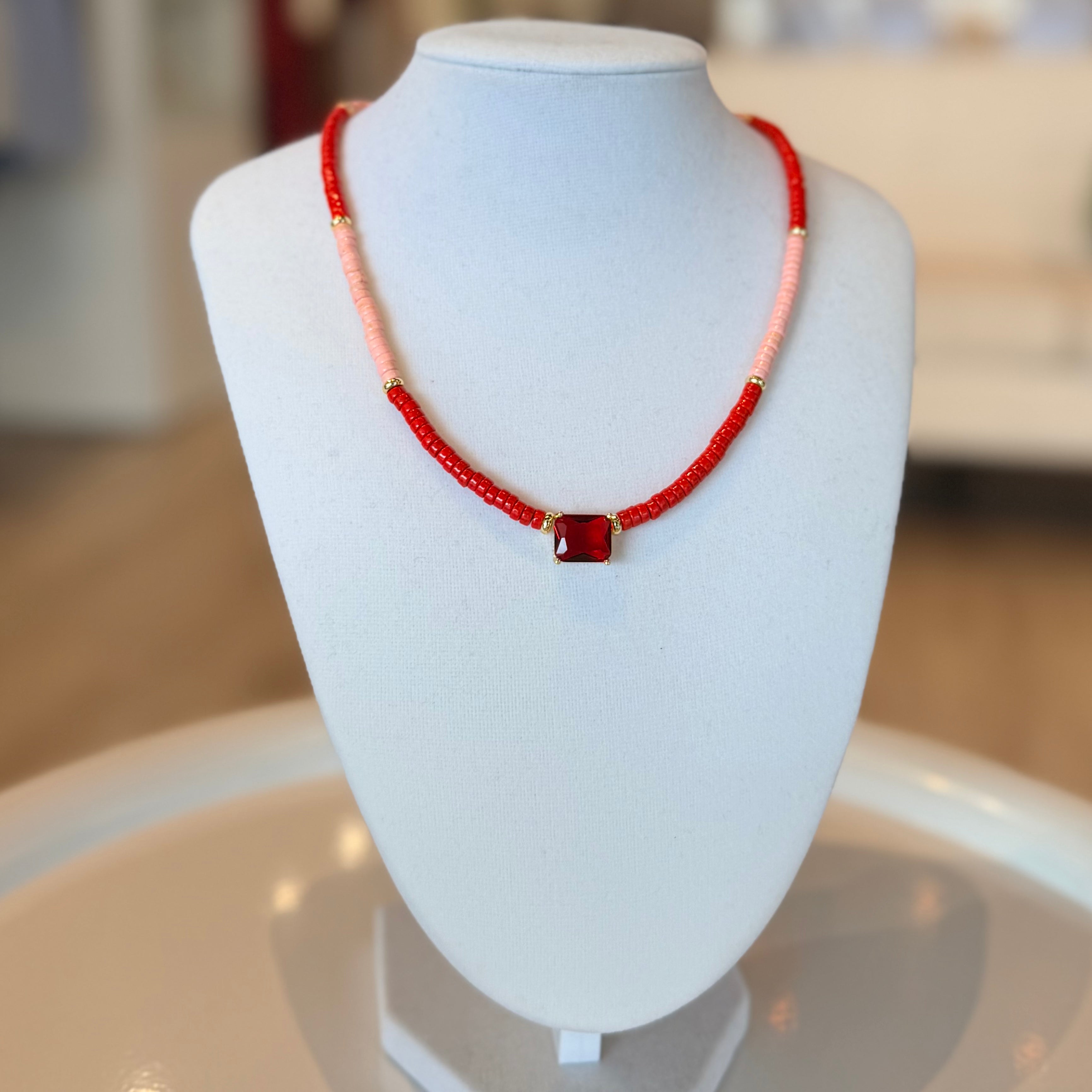 2-tone Bead Necklace with Geometric Pendant