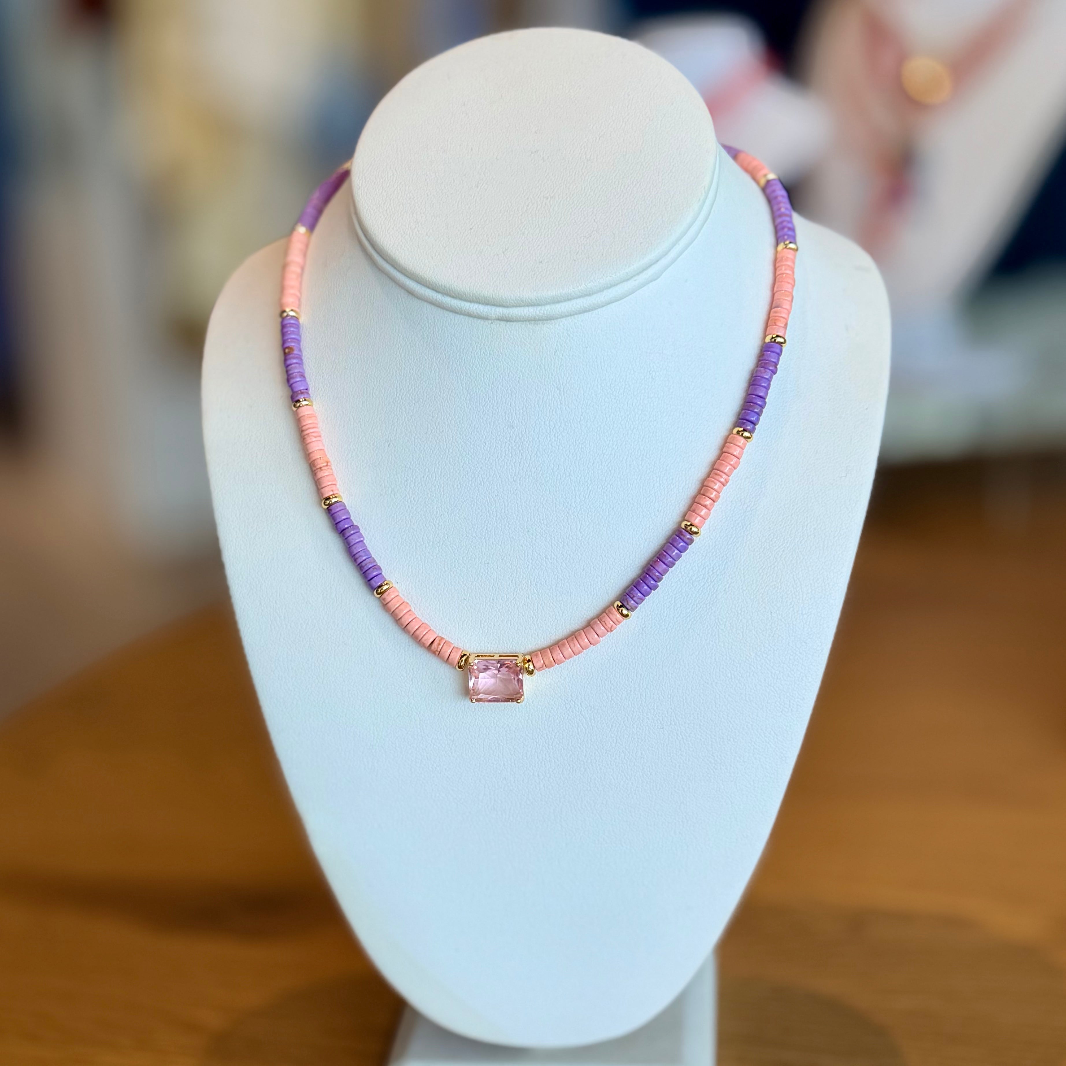 2-tone Bead Necklace with Geometric Pendant