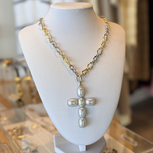 Pearl Cross Pendant Chain Necklace