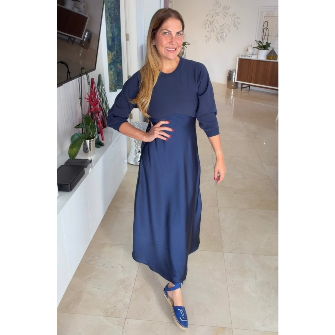 Vestido de suéter y seda manga larga