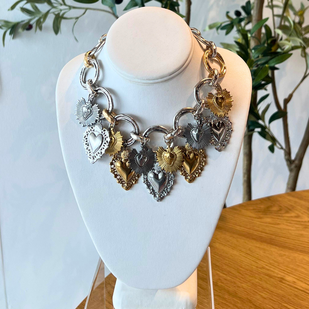 Mixed Metal Sacred Heart Chunky Chain Necklace