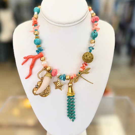 Collar turquesa perla coral cuerno