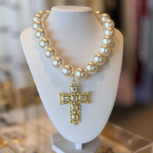 Royal Pearl & Crystal Cross Necklace