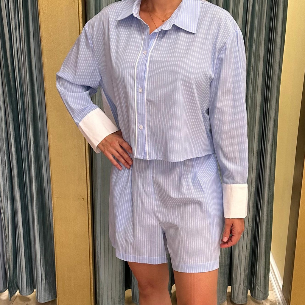 Baby blue long sleeve shirt and shorts set