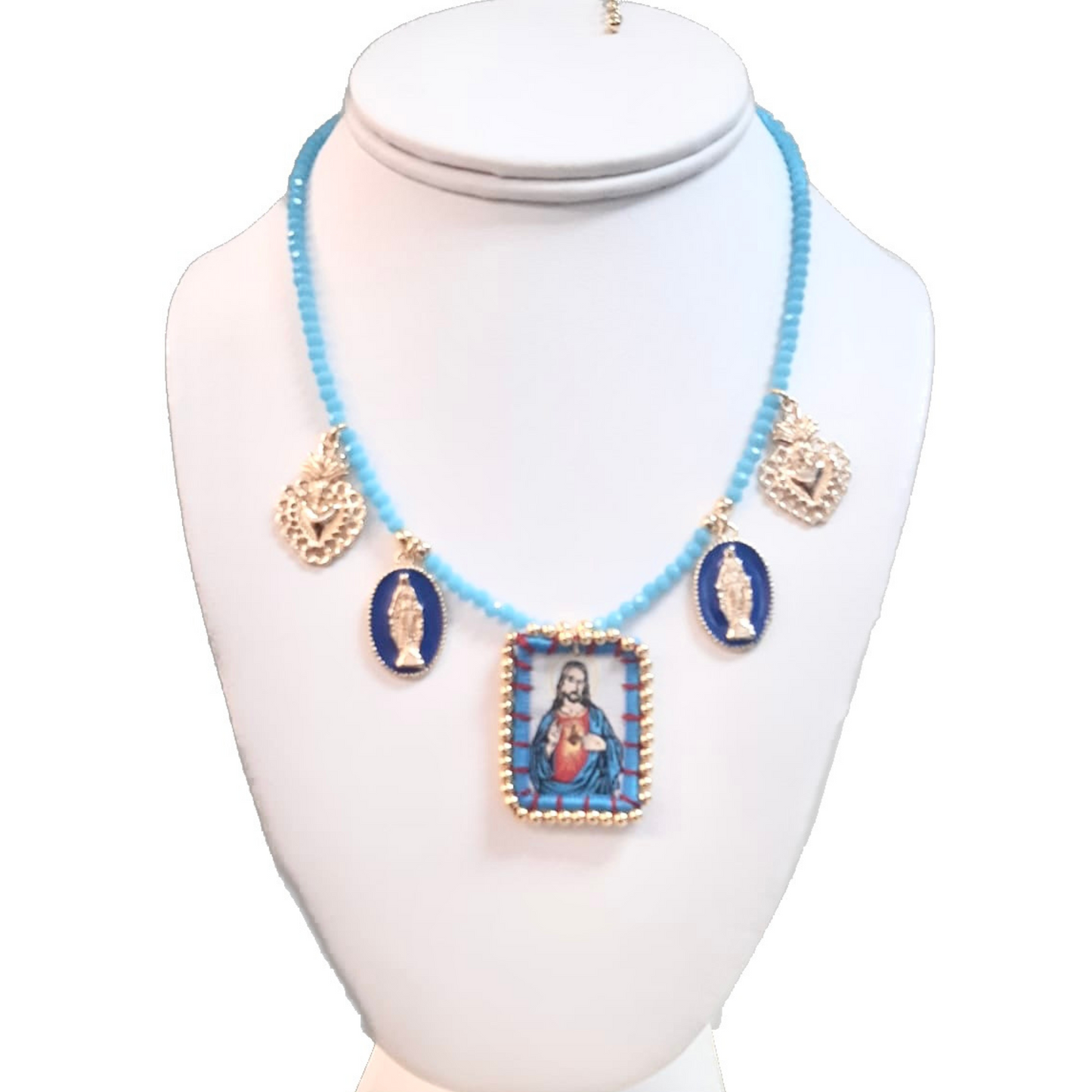 Colourful necklace, medals of Virgins and prints