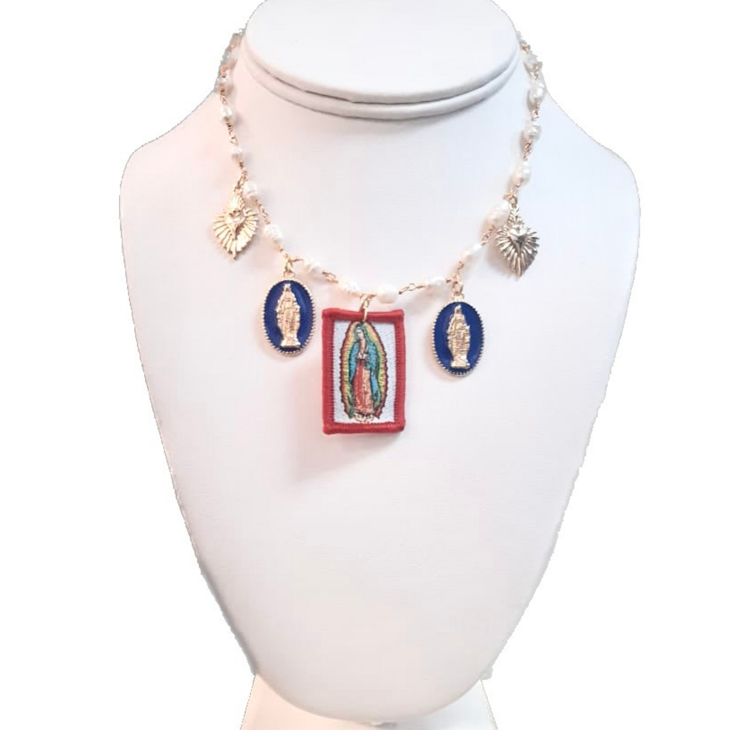 Colourful necklace, medals of Virgins and prints