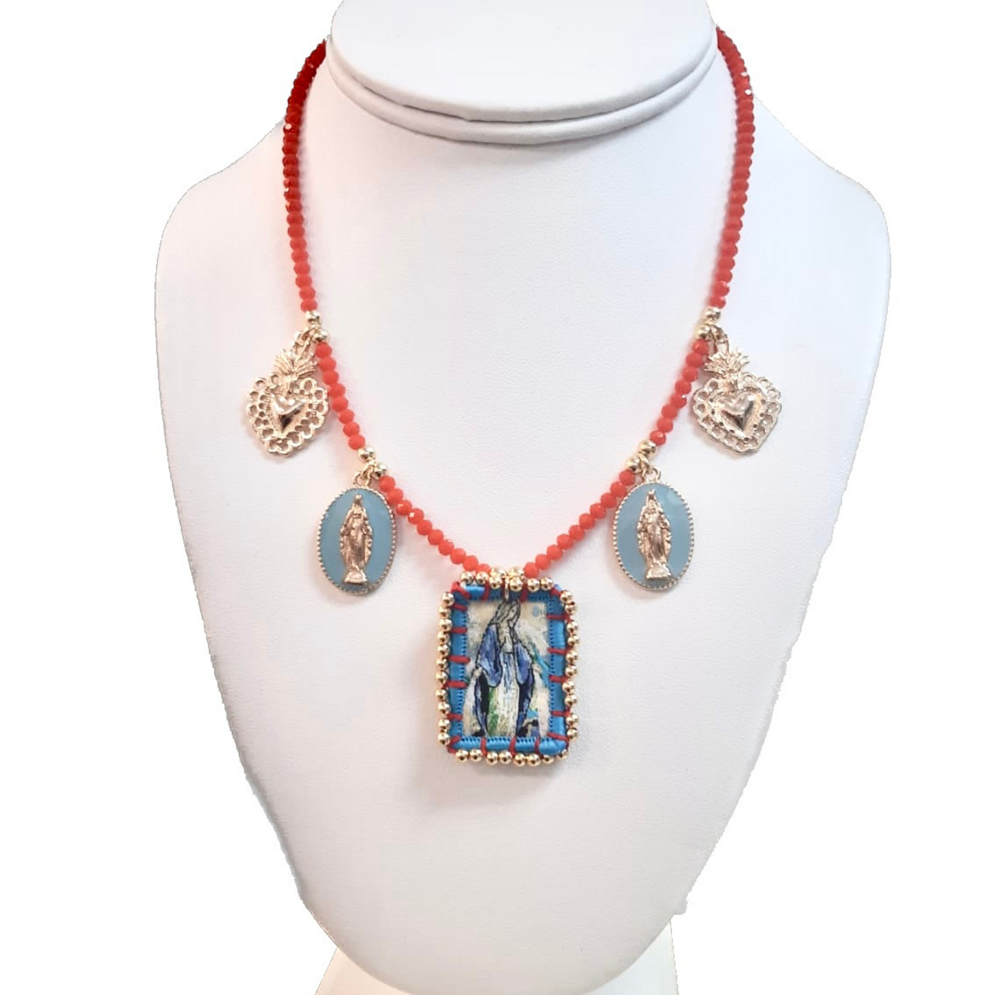 Colourful necklace, medals of Virgins and prints